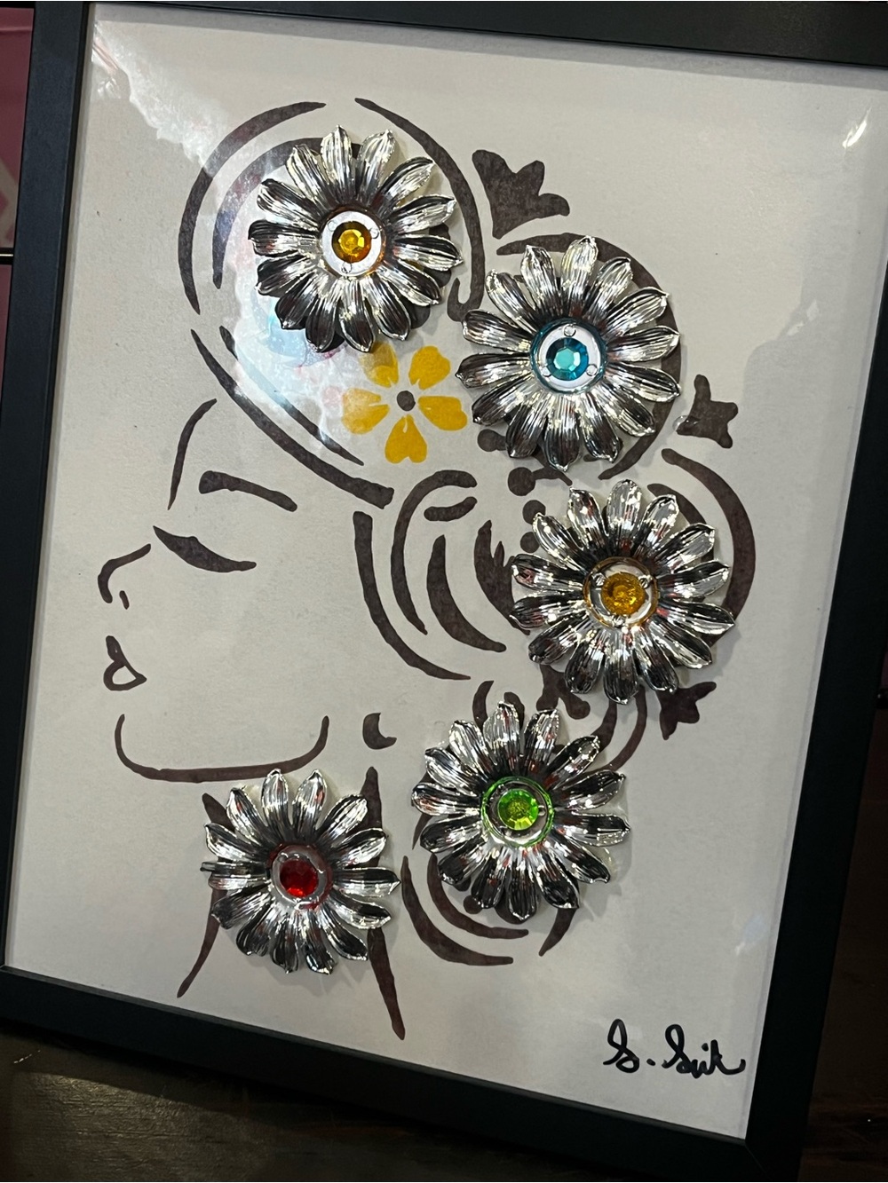 Hand Crafted Silver Floral Head Profile Wall Art with Multicolor Gems - Picture 5 of 11